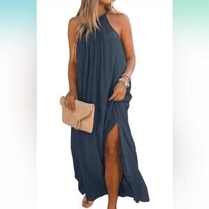 Women Summer Boho Sleeveless Halter Neck Spaghetti Strap Beach Sundress Blue XL